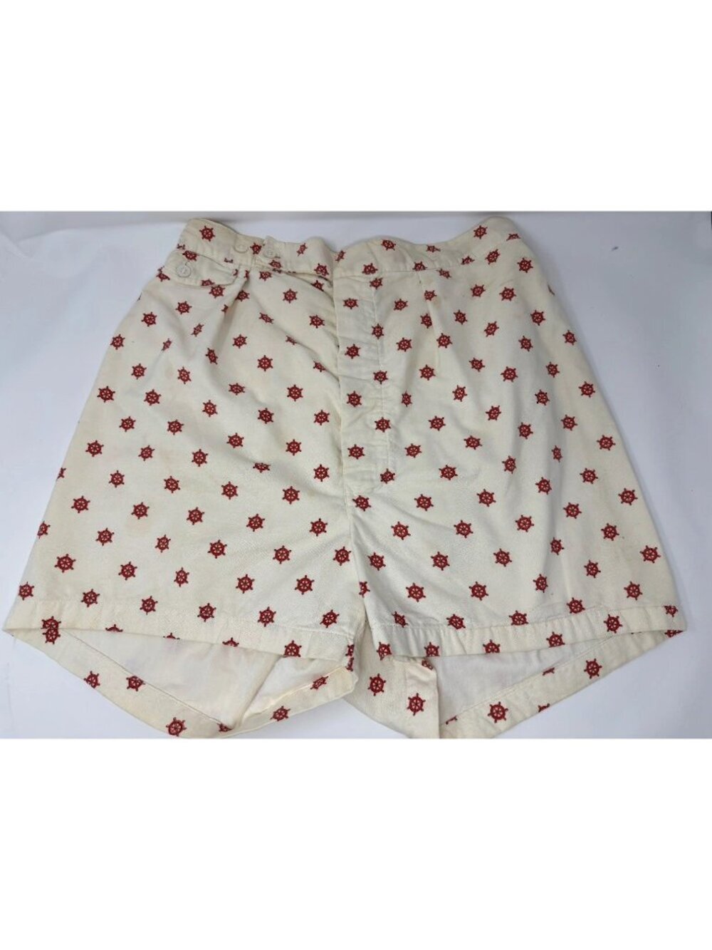 1950s Red Ivory Swim Trunks Bathing Suit Nautical Boat Wheel Cotton Shorts Med‎